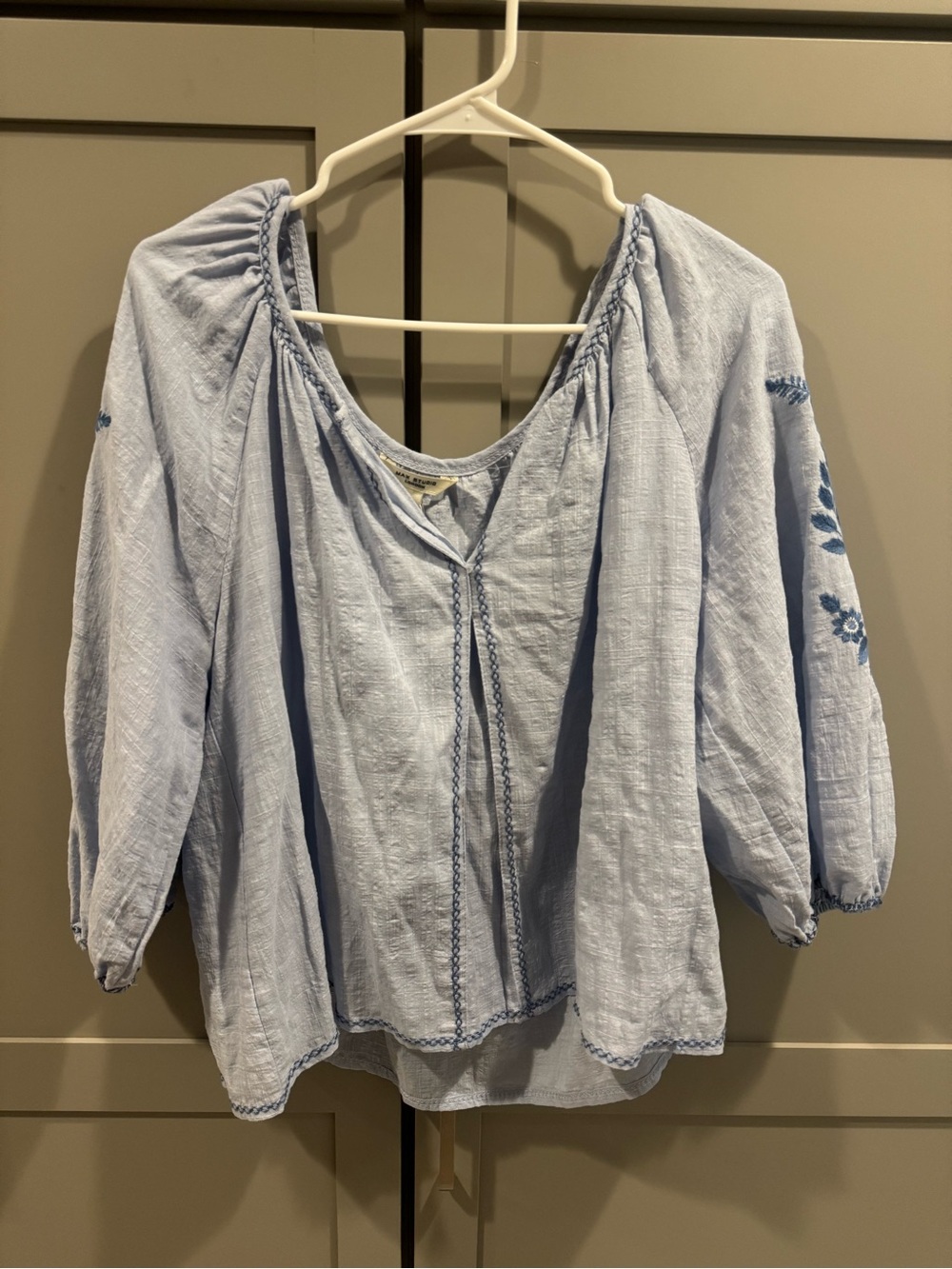 Max Studio Powder Blue Embroidered Peasant Top